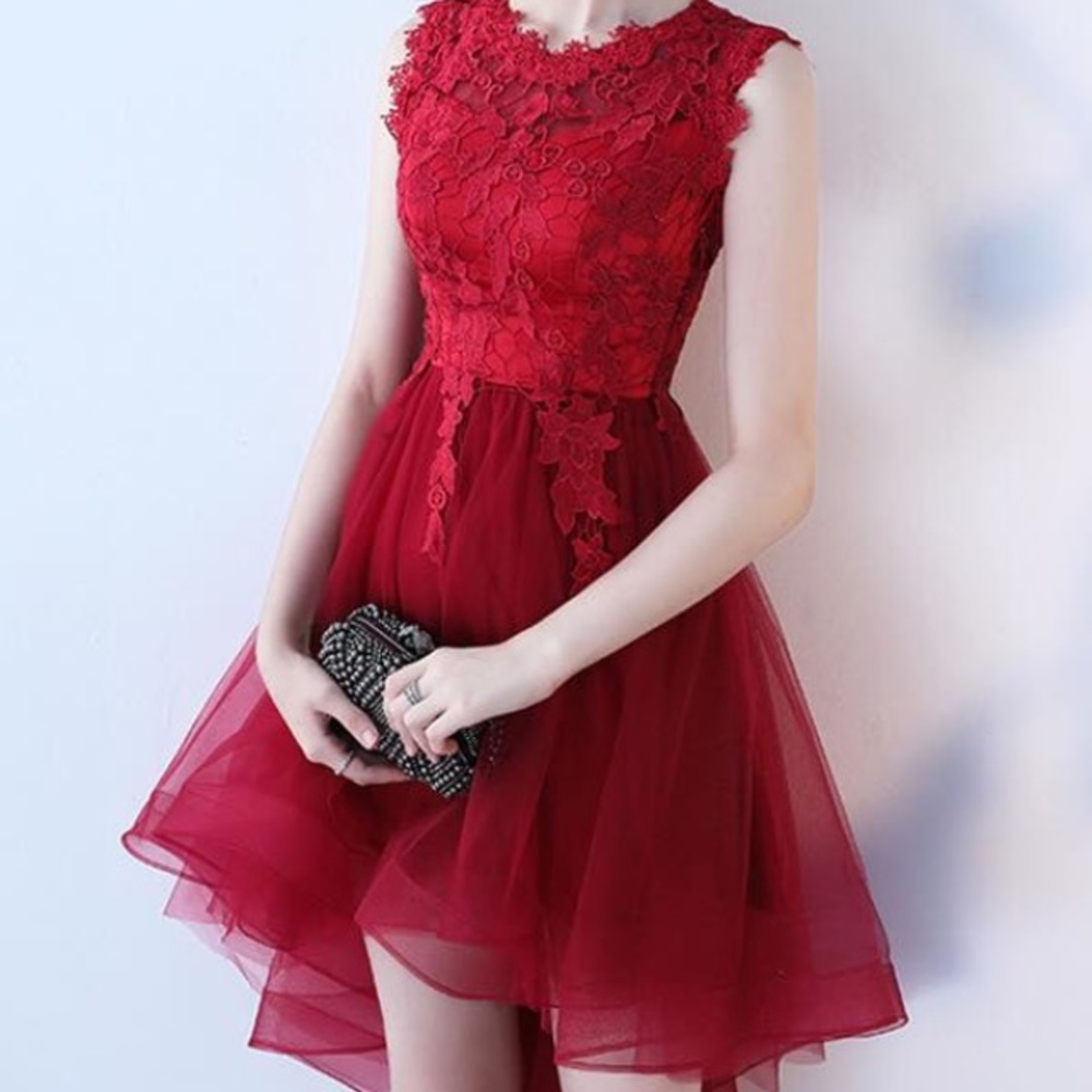 Wine Red Lace Top Mini Dress With High-low Hem